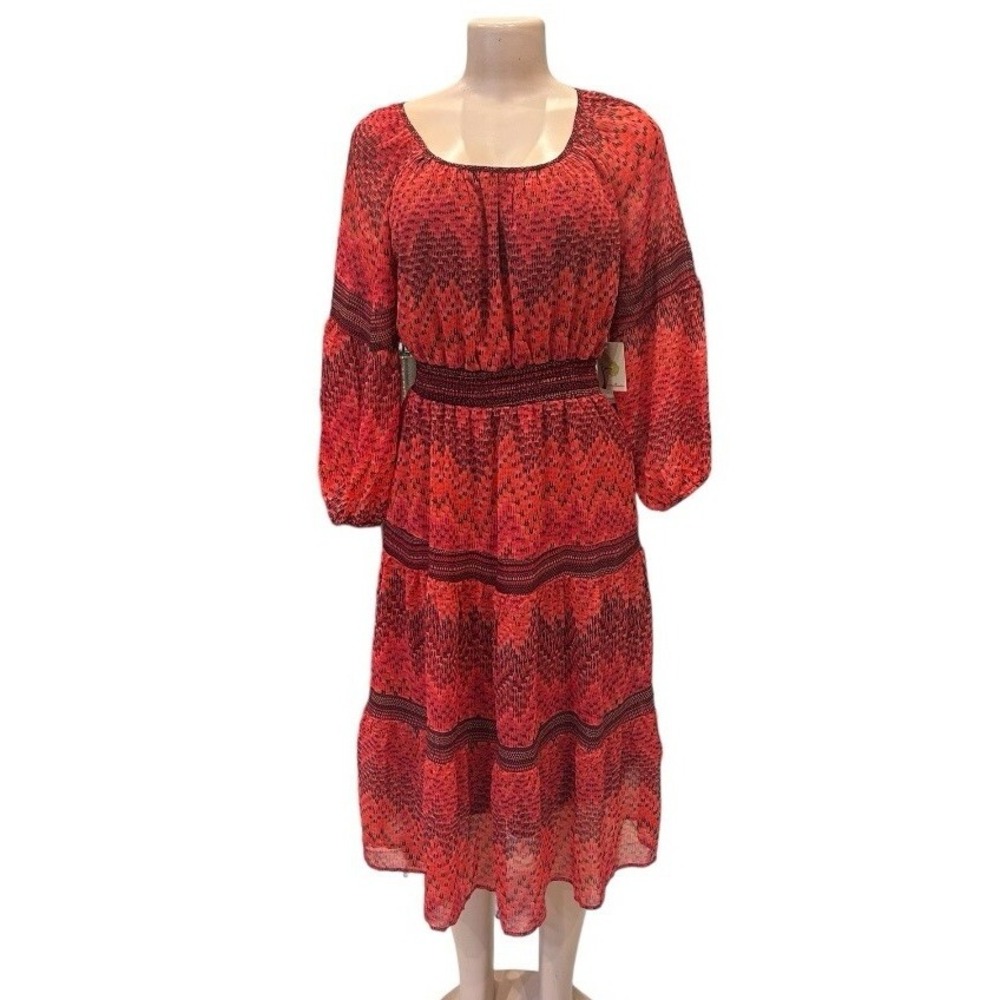 Fig & Flower Red Boho Midi Dress Smocked Waist Long Sleeve Size M